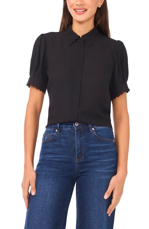 セセ レディース トップス シャツ CeCe Scallop Short Sleeve Top Rich Black ブラック