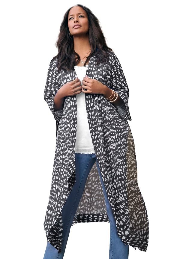 ロアマンズ レディース アウター ジャケット・ブルゾン シフォン プラスサイズ Roamans Plusize Flowy Chiffon Duster Black Ikatexture ブラック