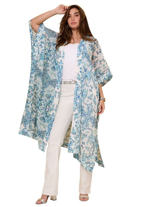 ロアマンズ レディース アウター ジャケット・ブルゾン シフォン プラスサイズ Roamans Plusize Flowy Chiffon Duster White Turquoise Stencil Floral ホワイト