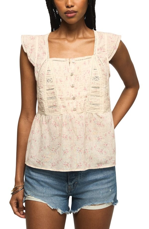 ラッキーブランド レディース トップス シャツ コットン レース Lucky Brand Lace Inset Pintuck Flutter Sleeve Cotton ButtonUp Shirt Rose Multi マルチカラー 18,801円