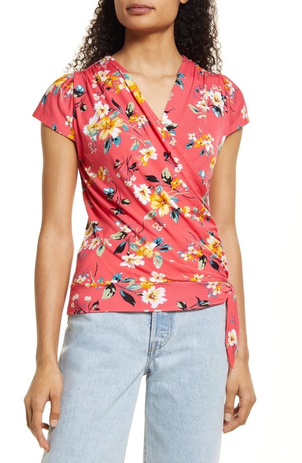 ラブアペラ レディース トップス シャツ フラワー柄 フラワー Loveappella Floral Faux Wrap Top Coral コーラル