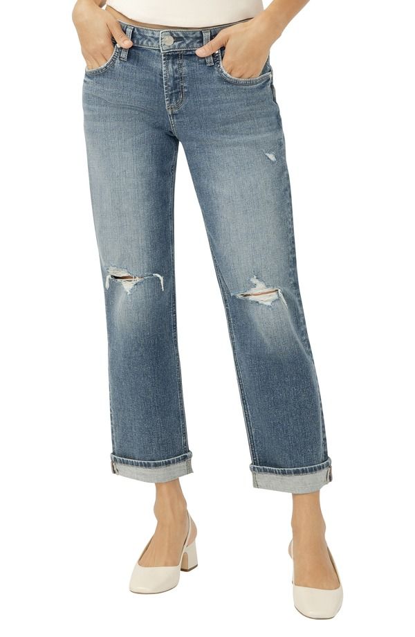 シルバー ジーンズ レディース ボトムス デニムパンツ ストレート チェルシー アンクル Silver Jeans Co Chelsea Ripped Boyfriend Ankle Straight Leg Jeans Malabar