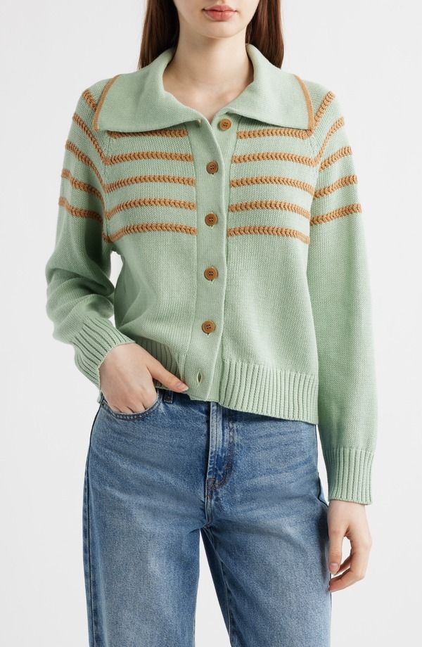 ザ・グレート レディース アウター パーカー・スウェット カーディガン THE GREAT The Scholar Crochet Stripe Cardigan Seafoam ストライプ