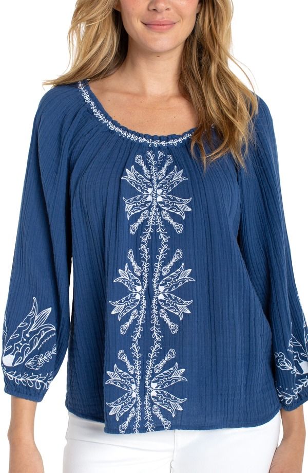 リヴァプール ロサンゼルス レディース トップス シャツ 刺繍 Liverpoolos Angeles Embroidered Gauze Top Liberty Blue ブルー