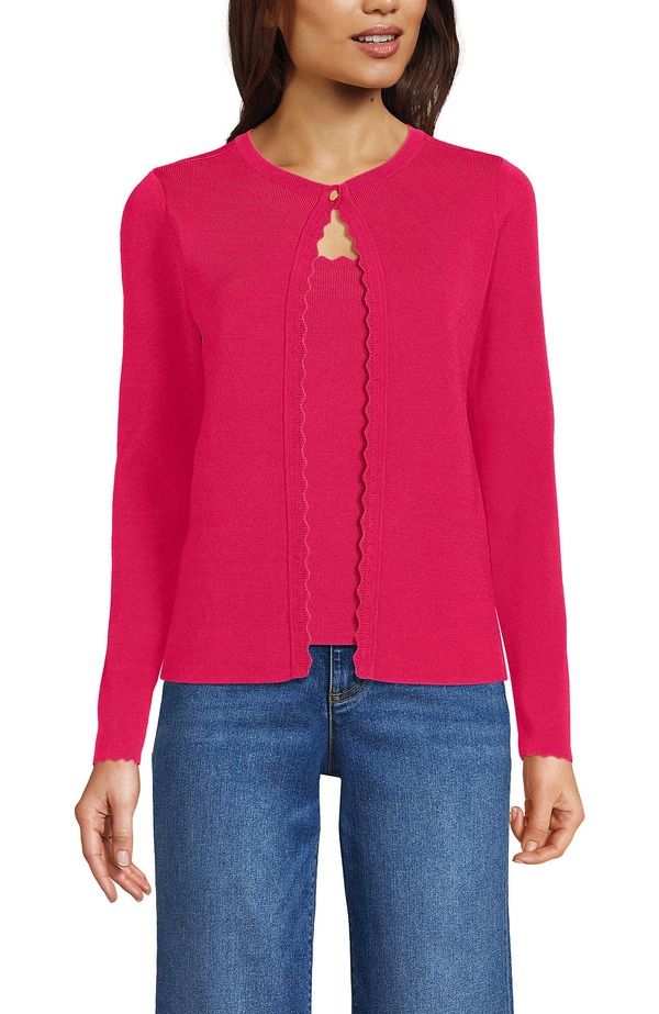 ランズエンド レディース アウター パーカー・スウェット セーター カーディガン Lands End Blend Scallop Edge Fitted Cardigan Sweater Berry Rouge