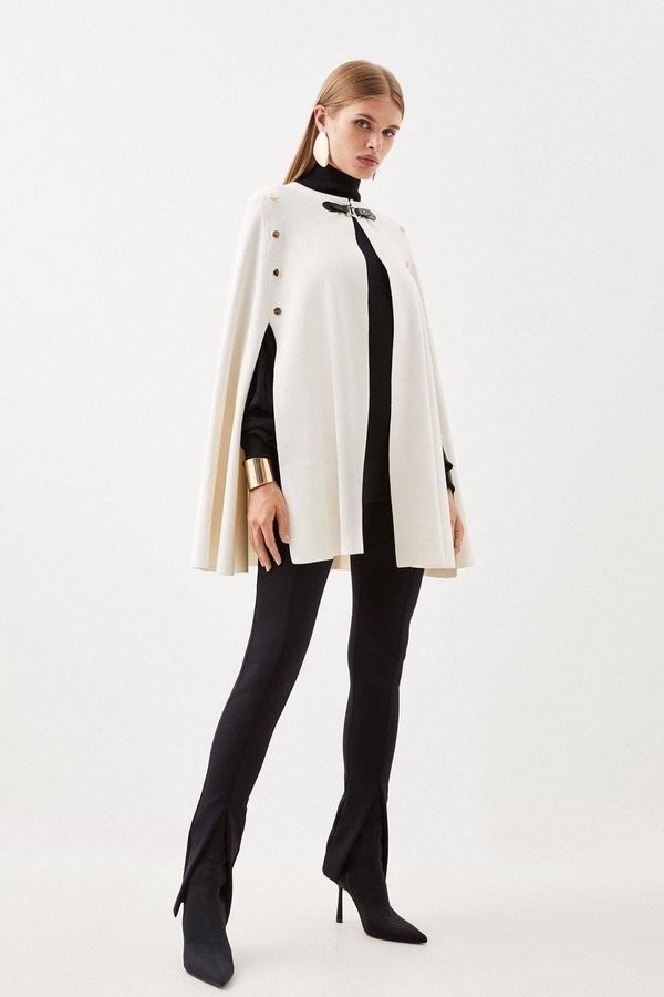 カレンミレン レディース アウター ジャケット・ブルゾン ケープデザイン コート キャップ ケープ ニット Karen Millen Popper Detail Knit Cape Coat Cream クリーム