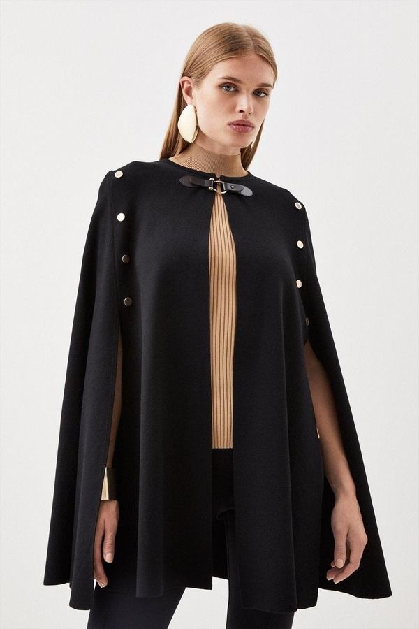 カレンミレン レディース アウター ジャケット・ブルゾン ケープデザイン コート キャップ ケープ ニット Karen Millen Popper Detail Knit Cape Coat Black ブラック