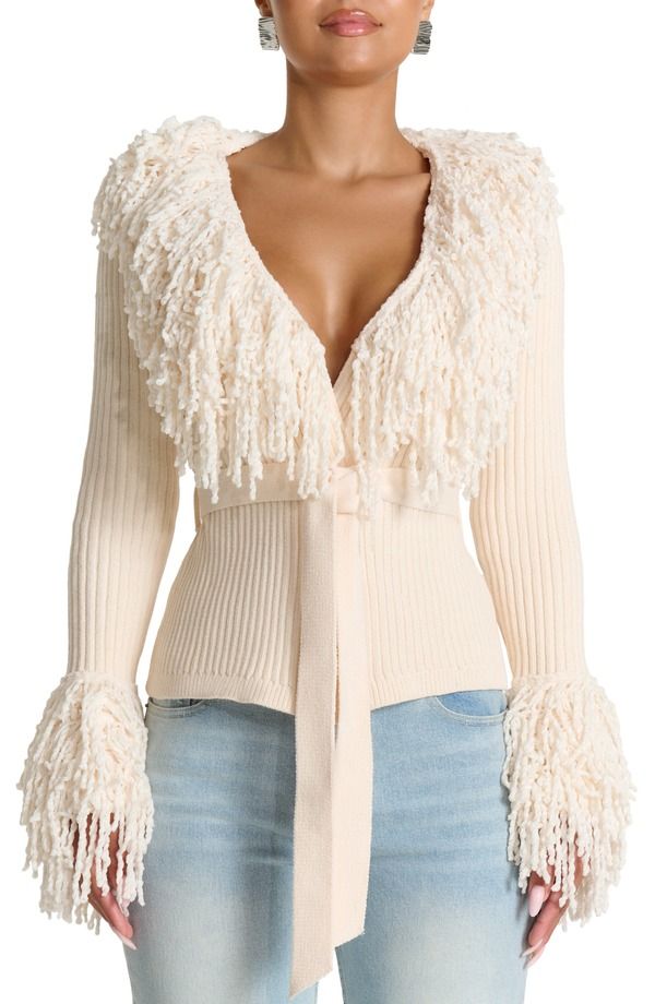 ネイキッドワードローブ レディース アウター パーカー・スウェット カーディガン フリンジ Naked Wardrobe Fringe Tie Waist Chenille Cardigan Bone