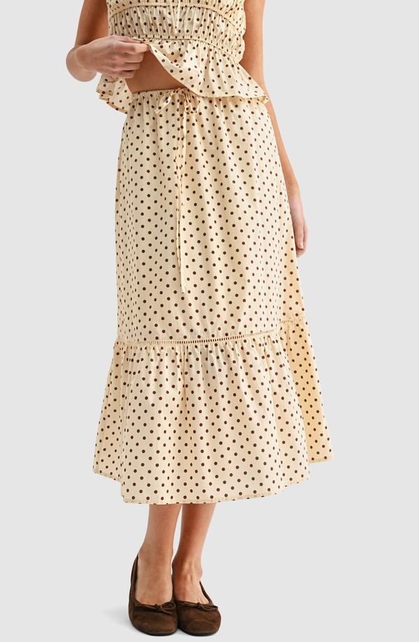 オールインフボール レディース ボトムスカート ドット柄 ティアードット ミディ All in Favor Polka Dotiered Midi Skirt Butter Brown Dot ブラウン