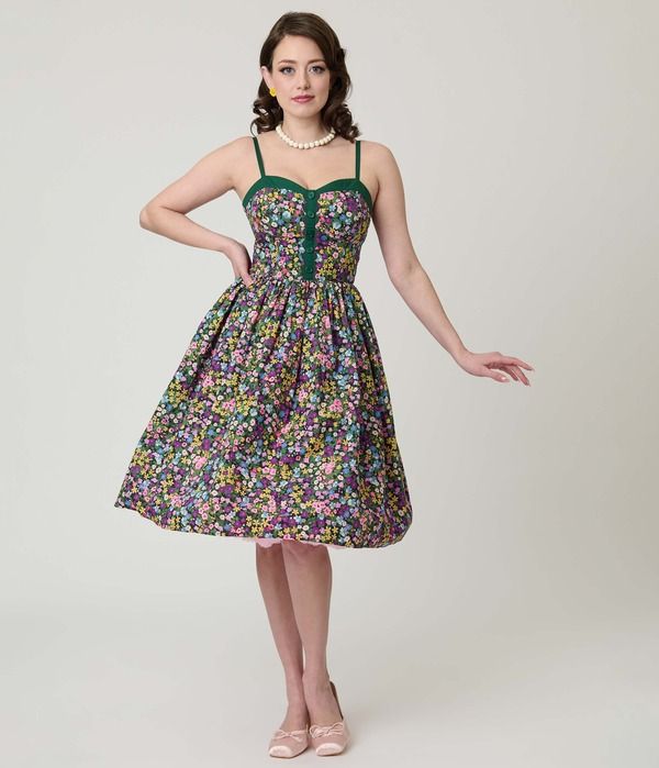 ユニークビンテージ レディース トップス ワンピース ノースリーブ Unique Vintage 1950sleevelesswing Dress Green Ditzy Floral Print グリーン