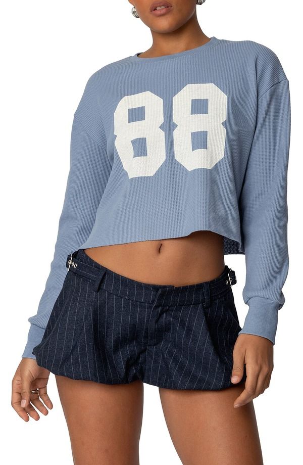 アディクテッド レディース アウター パーカー・スウェット Tシャツ ニット EDIKTED 88 Long Sleeve Crop Waffle KnitShirt Blue ブルー