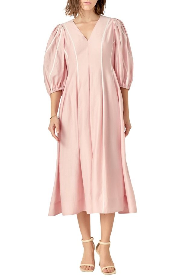 イングリッシュファクトリー レディース トップス ワンピース ミディ コントラスト English Factory Contrast Binding Puff Shoulder Midi Dress Pink ピンク