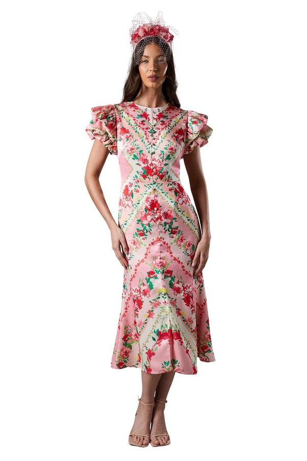 コースト レディース トップス ワンピース フリル裾 プリント フリル ミディ Coast Lisa Printed Ruffle Hemidi Dress Pink ピンク