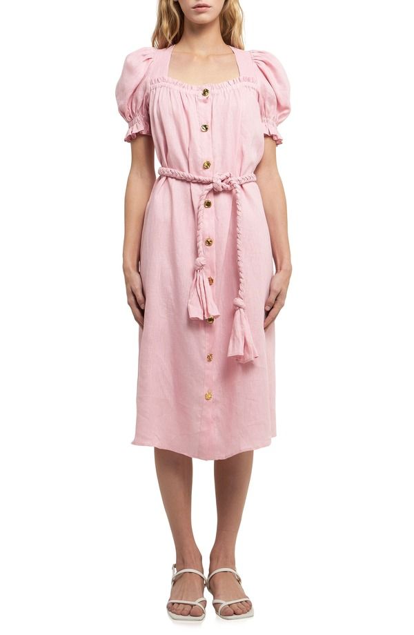 イングリッシュファクトリー レディース ボトムス カジュアルパンツ リネン English Factory Puff Sleeve Button Front Linen Dress Pink ピンク