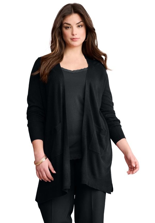 ロアマンズ レディース アウター パーカー・スウェット カーディガン Roamans Fine Gauge Open Front Cardigan Black ブラック