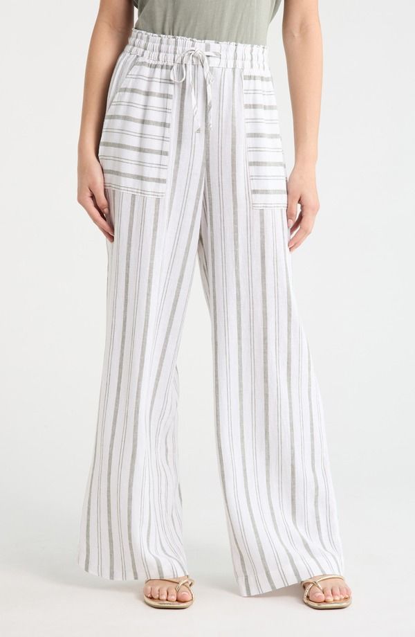 スプレンディット レディース ボトムス レギンス パンツ リネン Splendid Stella Stripe Linen Blend Paperbag Pants Eucalyptus Green White ホワイト