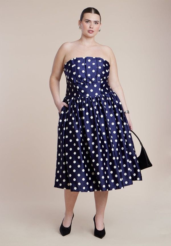エロクイ レディース トップス ワンピース ドット柄 ドット ミディ ストラップレス ELOQUII Strapless Polka Dot Flare Midi Dress Evening Dot ドット