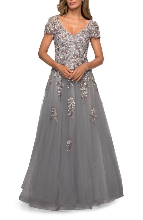 ラフェム レディース トップス ワンピース A ライン レース La Femme Short Sleeve Aline Gown with Beaded Lace Appliques Gray グレー