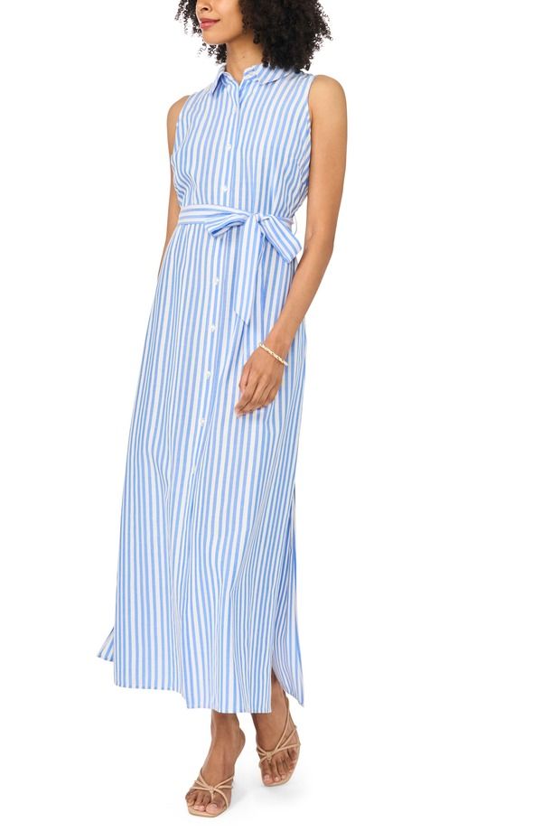 ヴィンスカムート レディース トップス ワンピース シャツ ノースリーブ マキシ Vince Camuto Stripe Sleeveless Maxi Shirtdress Blue Cloud ブルー