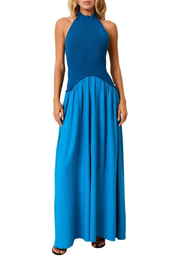 ソリッド アンド ストライプ レディース トップス ワンピース マキシ ホルター Solid Striped The Soglio Halter Mixed Media Maxi Dress Cosmic Blue ブルー