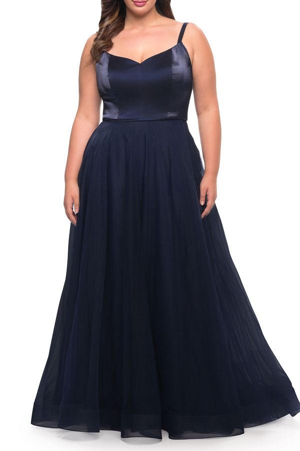 ラフェム レディース トップス ワンピース チュール プラスサイズ サテン スカート La Femme Long Plusize Gown with Tulle Skirt and Satin Top Navy ネイビー