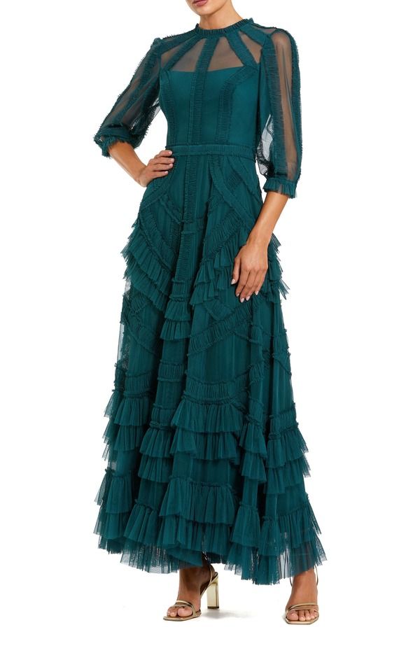 マックダガル レディース トップス ワンピース フリル メッシュ Mac Duggal 34 Puff Sleeve Mesh Mirco Ruffle Gown Teal ティール