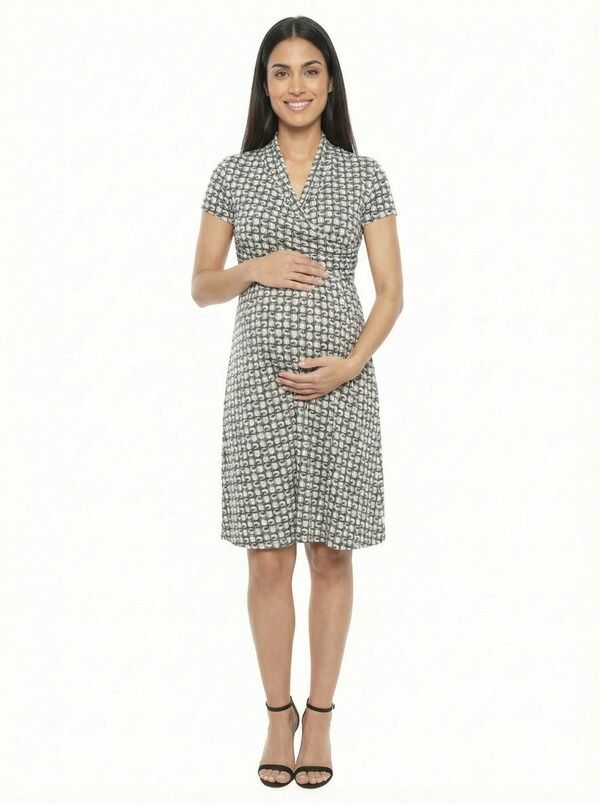 24 セブンコンフォート レディース トップス ワンピース A ライン マタニティ 24seven Comfort Apparel Maternity Geometric Short Sleeve Faux Wrap ALine Dress Black Mul