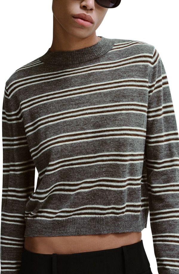 マンゴ レディース アウター パーカー・スウェット セーター MANGO Stripe Crop Sweater Medium Heather Grey グレー