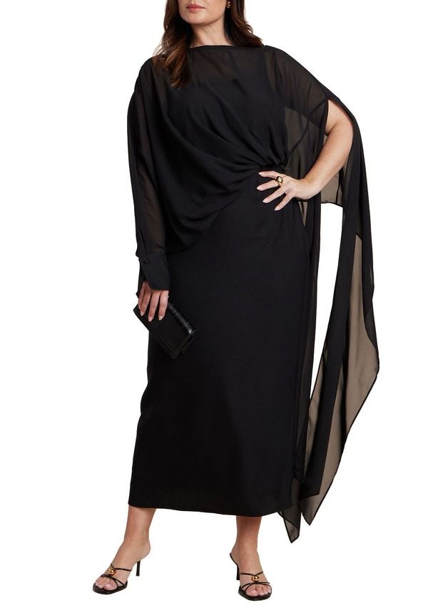 エロクイ レディース トップス ワンピース ケープデザイン シアー キャップ ケープ ELOQUII Flowy Sheer Cape Dress Black Onyx ブラック