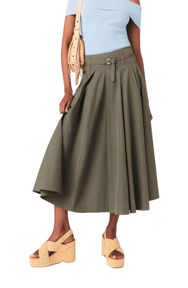マージュ レディース ボトムスカート プリーツ コットン マキシ maje Cotton pleated maxi skirt Khaki カーキ