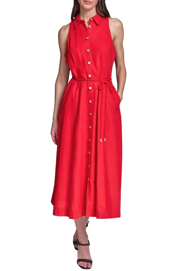 カール ラガーフェルド レディース トップス ワンピース シャツ リネン KARLAGERFELD Rope Belt Linen Shirt Dress Tomato