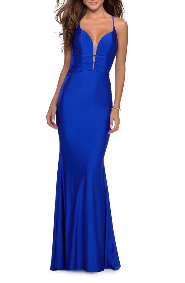 ラフェム レディース トップス ワンピース レース La Femme Long Dress with Knottedetail and Lace Up Back Royal Blue ブルー