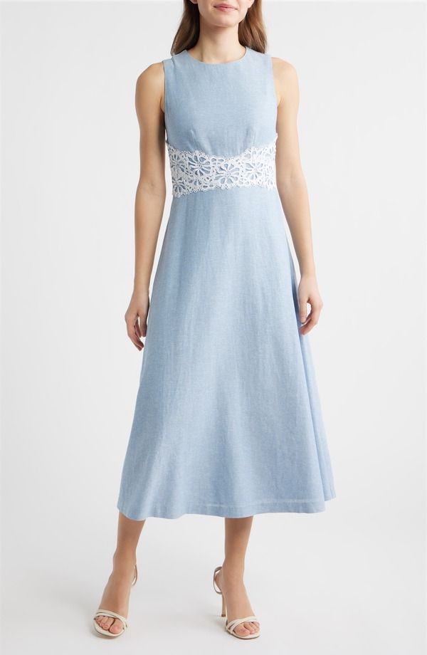 アンクライン レディース トップス ワンピース レーストリム ミディ レース リネン Anne Klein Lace Trim Linen Blend Midi Dress Lagoon Crisp White ホワイト 34,320円