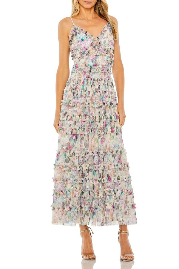 マックダガル レディース トップス ワンピース Vネック フラワー柄 フリル スパンコール ノースリーブ フラワー Mac Duggal Sleeveless Floral VNeck Sequin Detail Ruffle Dress Nude Multi
