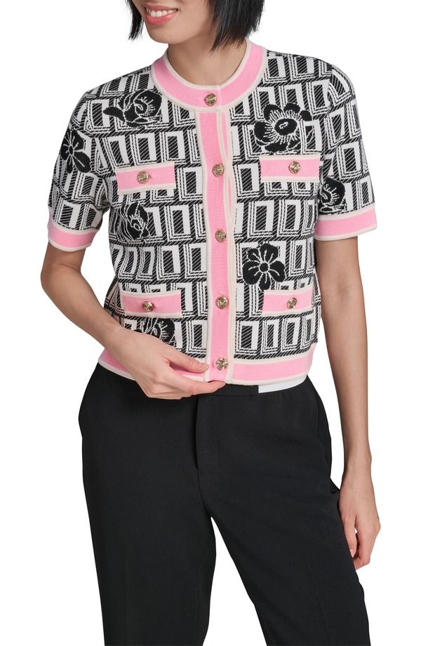 カール ラガーフェルド レディース アウター パーカー・スウェット プリント カーディガン KARLAGERFELD PARIS Print Short Sleeve Cardigan White Black Paris Pink ホワイト