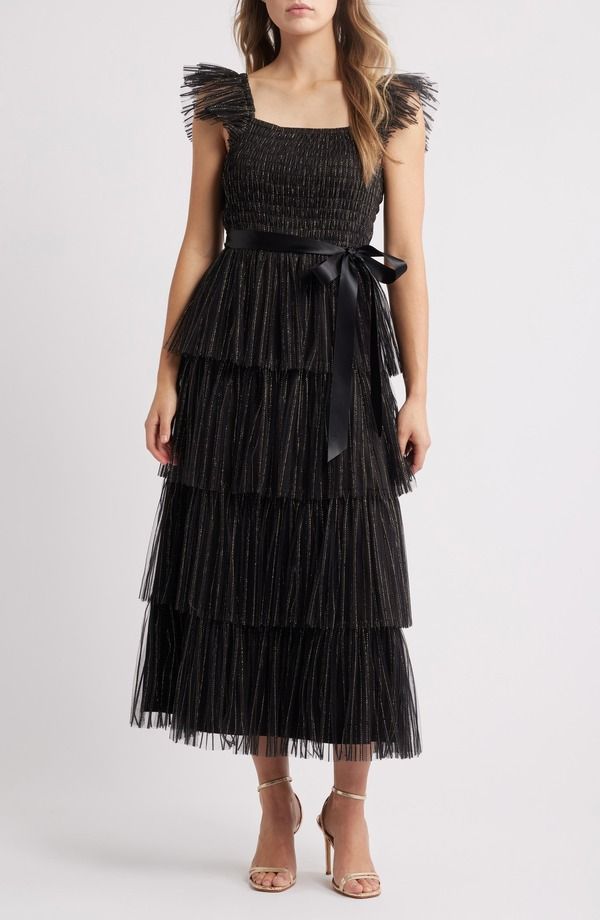 タハリエーエスエル レディース トップス ワンピース ティアード プリーツ トール Tahari ASL Pleated Tiered Metallic Dress Black Gold ブラック