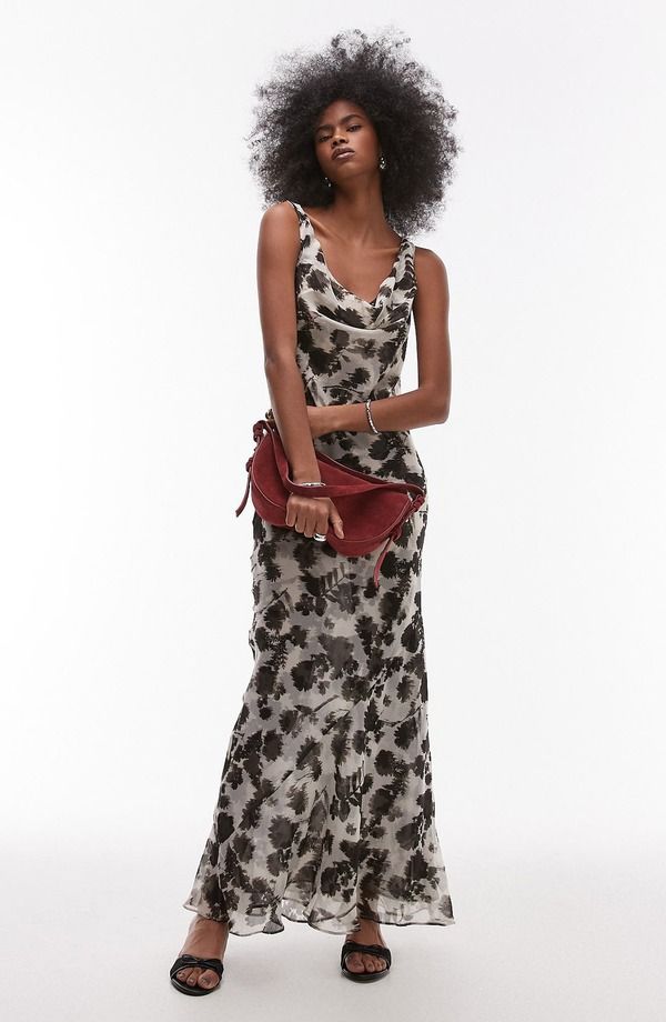 トップショップ レディース トップス ワンピース シフォン フラワー柄 マキシ フラワー Topshop Floral Cowl Neck Chiffon Maxi Dress Black Multi ブラック