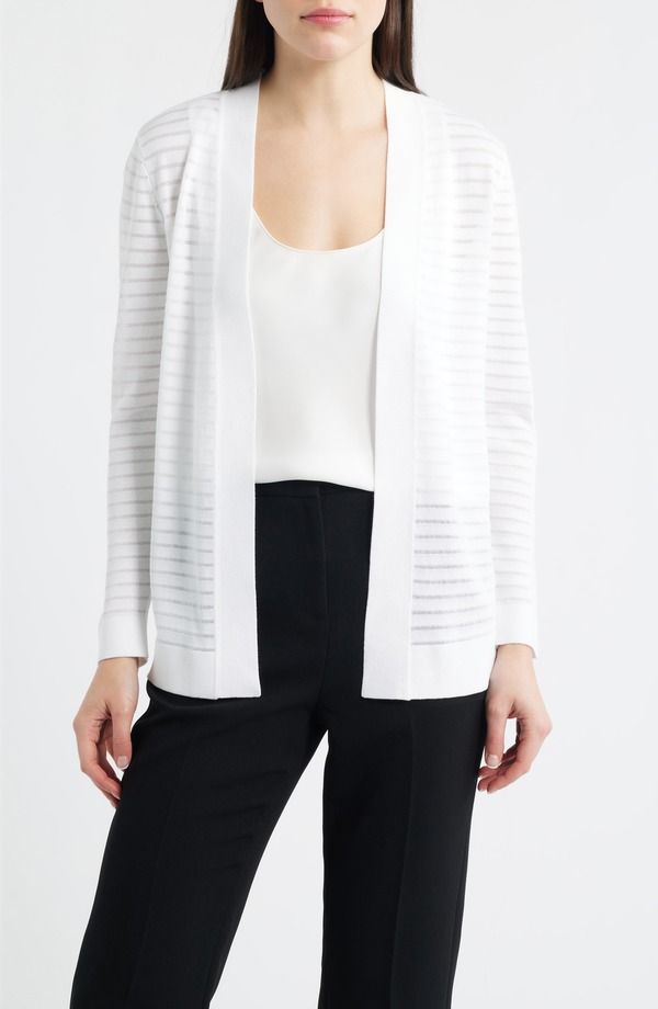 アンクライン レディース アウター パーカー・スウェット シアー カーディガン Anne Klein Sheer Stripe Open Front Cardigan Crisp White ホワイト