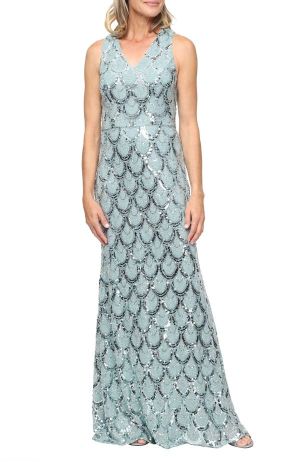 アレックスイブニングス レディース トップス ワンピースパンコール Alex Eveningsequin Bead Scallop Gown Sea