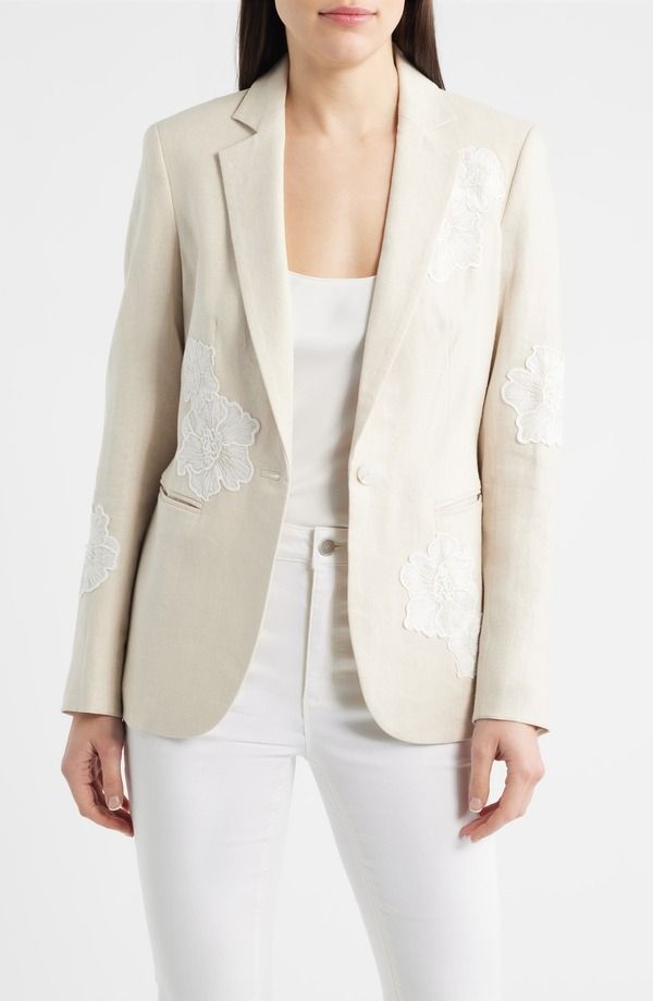 アンクライン レディース アウター ジャケット・ブルゾン フラワー柄 ブレザー リネン フラワー Anne Klein Floral Appliqu Linen Blend Blazer Natural Grain Crisp White ホワイト