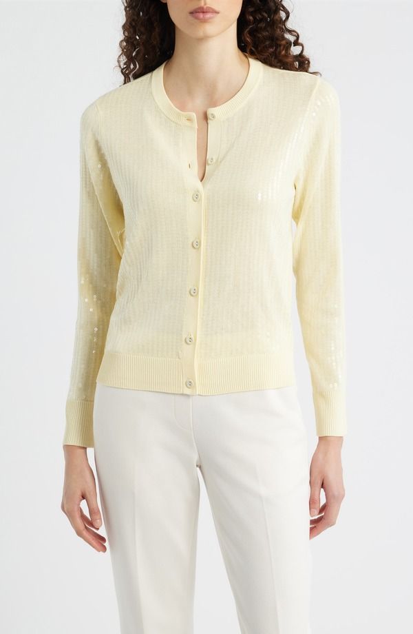 アンクライン レディース アウター パーカー・スウェット スパンコール カーディガン Anne Klein Clear Sequin Cardigan Whisper Yellow イエロー