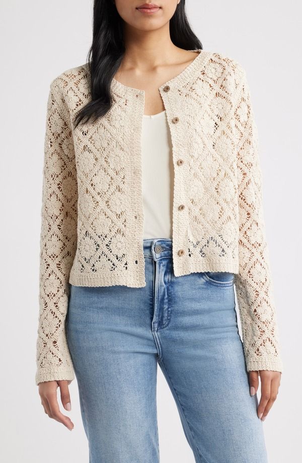 ボベー レディース アウター パーカー・スウェット フラワー柄 カーディガン フラワー Bobeau Diamond Floral Crochet Button Front Cardigan Oatmeal オートミール