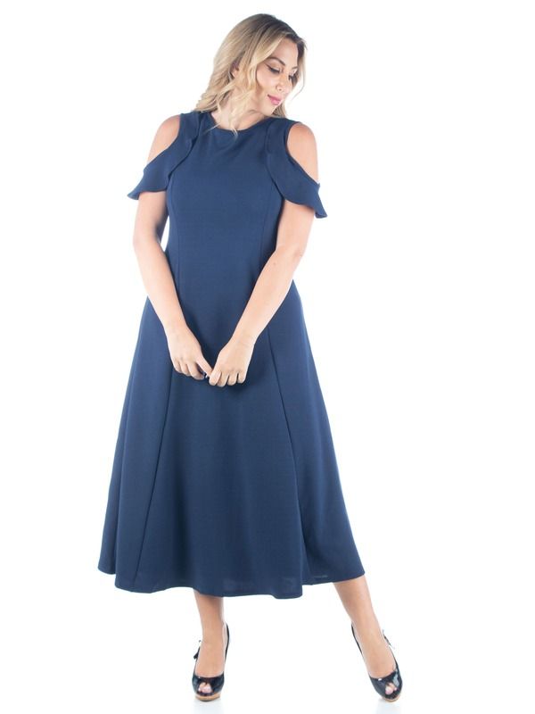24 セブンコンフォート レディース トップス ワンピース A ライン フリル マキシ 24seven Comfort Apparel Ruffle Cold Shoulder ALine Maxi Dress Navy ネイビー