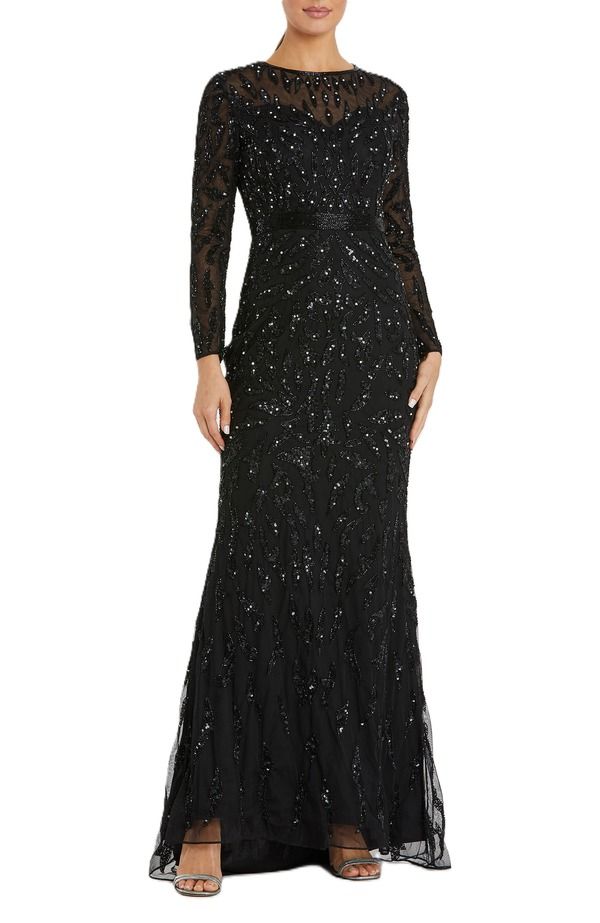 マックダガル レディース トップス ワンピース Mac Duggal Abstract Beaded Long Sleeveningown Black ブラック