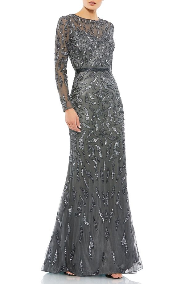 マックダガル レディース トップス ワンピース Mac Duggal Abstract Beaded Long Sleeveningown Charcoal チャコール
