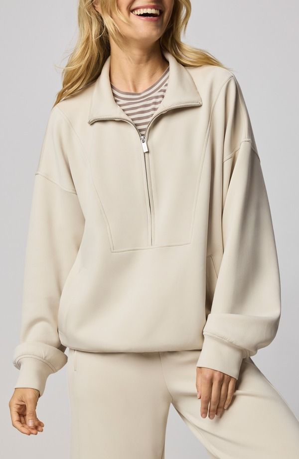 スプレンディット レディース アウター パーカー・スウェット ハーフジップ セーター スキューバ Splendid ScubaSoft Quarter Zip Sweater Pale Oak White ホワイト