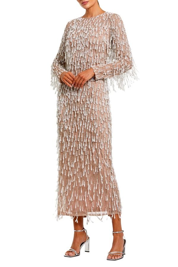 マックダガル レディース トップス ワンピース ミディ フリンジ Mac Duggalong Sleeve Midi Dress with Embellished Fringe Ivory Nude アイボリー