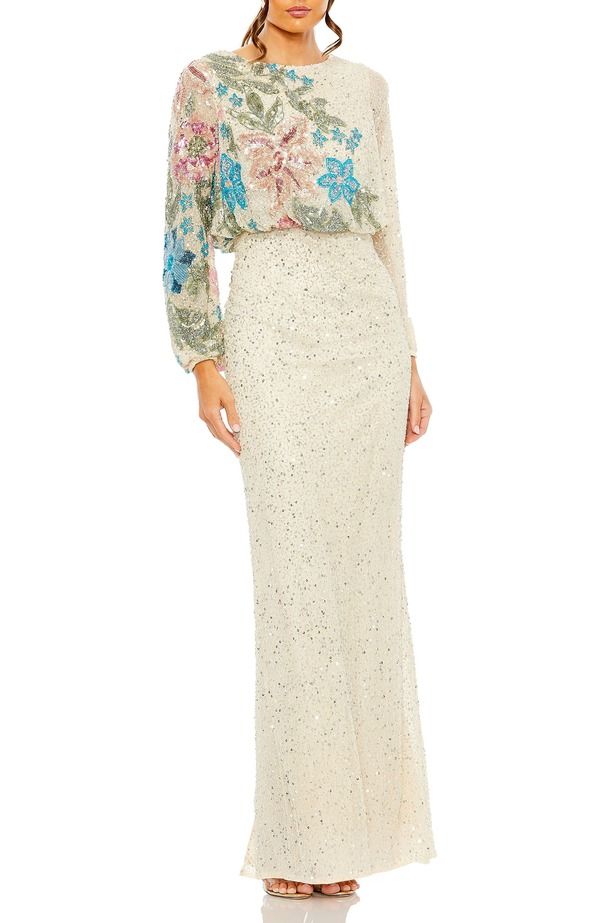 マックダガル レディース トップス ワンピース ハイネック スパンコール Mac Duggal Womens High Neck Blouson Sleeve Sequin Gownude Multi マルチカラー