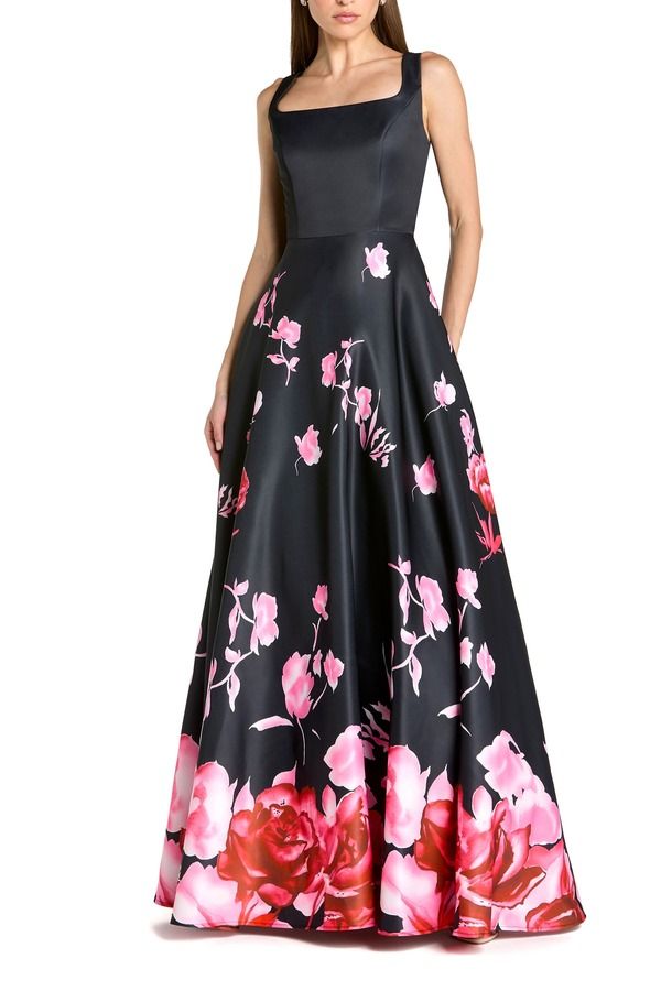 マックダガル レディース トップス ワンピース プリント サテン ノースリーブ Mac Duggal Printed Satin Sleevelessquare Neck Ballgown Black Multi ブラック
