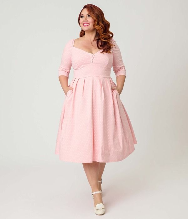 ユニークビンテージ レディース トップス ワンピース プラスサイズ Unique Vintage Plusize Woven Sweetheart Neckline Lamar Swing Dress Pink Polka Dot Print ピンク